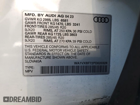 2023 Audi Q7 Prestige with VIN WA1VXBF72PD020328, listed as a Copart auction lot 73369314 with 3,839 mi miles and Salvage title. Bid and sale history available at DreamBid. Image 14.