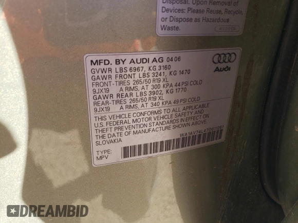 2007 Audi Q7 with VIN WA1AV74L47D011261, listed as a Copart auction lot 79883304 with Not provided miles and Salvage title. Bid and sale history available at DreamBid. Image 14.