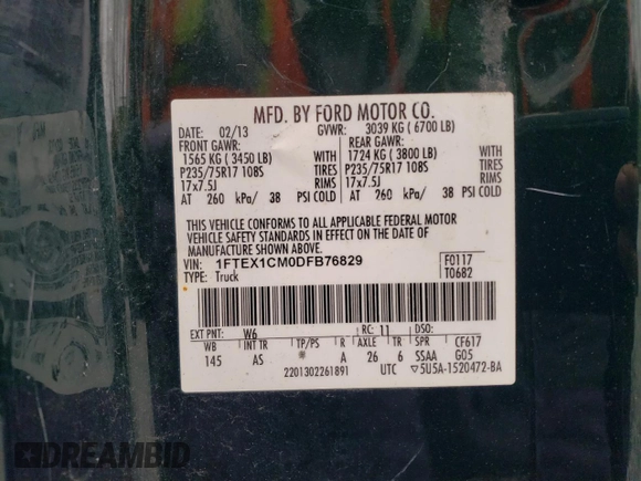 2013 Ford F-150 XL with VIN 1FTEX1CM0DFB76829, listed as a Copart auction lot 55533815 with 195,353 mi miles and Clean title. Bid and sale history available at DreamBid. Image 12.