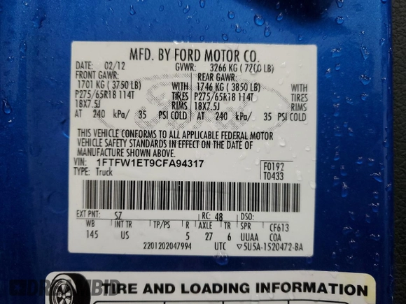 2012 Ford F-150 XL with VIN 1FTFW1ET9CFA94317, listed as a Copart auction lot 51511255 with 174,780 mi miles and Clean Title. Bid and sale history available at carsss.com. Image 13.