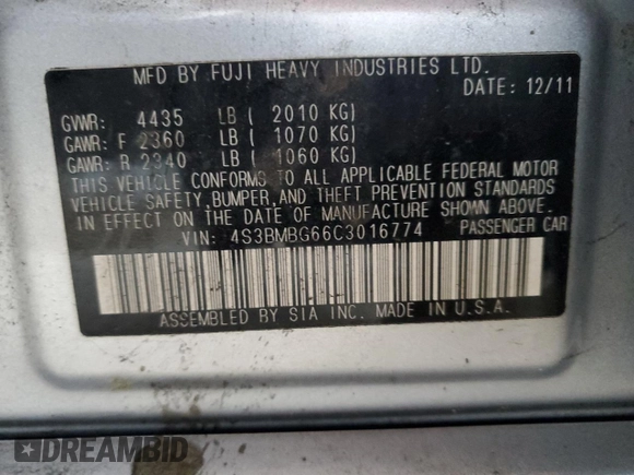 2012 Subaru Legacy Premium with VIN 4S3BMBG66C3016774, listed as a Copart auction lot 62652965 with Not provided miles and Salvage title. Bid and sale history available at DreamBid. Image 13.
