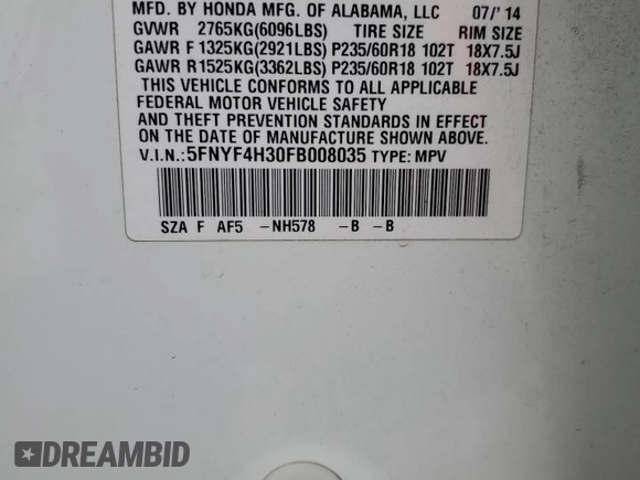 2015 Honda Pilot SE z VIN 5FNYF4H30FB008035, wystawiony jako Copart lot #55218285 z przebiegiem 174 756 mil mil oraz Szkoda całkowita • Salvage title. Historia ofert i sprzedaży dostępna na DreamBid. Obrazek 13.
