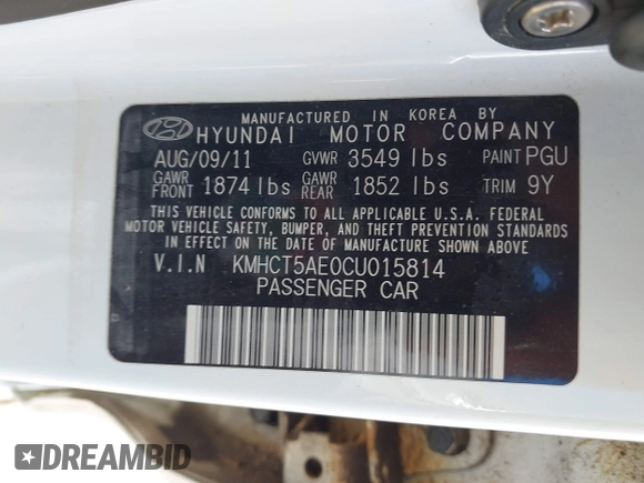 2012 Hyundai Accent GS with VIN KMHCT5AE0CU015814, listed as a IAAI auction lot 42535914 with 107,938 mi miles and . Bid and sale history available at DreamBid. Image 9.