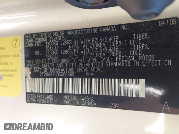 2005 Lexus RX 330 with VIN 2T2HA31U05C069881, listed as a IAAI auction lot 41988555 with 276,321 mi miles and . Bid and sale history available at DreamBid. Image 9.