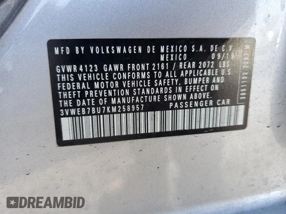 2019 Volkswagen Jetta SEL z VIN 3VWEB7BU7KM258957, wystawiony jako Copart lot #47167515 z przebiegiem 95 646 mil mil oraz Szkoda całkowita • Salvage title. Historia ofert i sprzedaży dostępna na DreamBid. Obrazek 14.