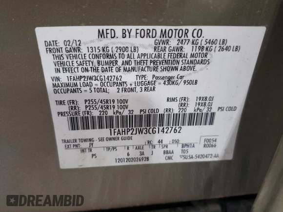 2012 Ford Taurus Limited with VIN 1FAHP2JW3CG142762, listed as a Copart auction lot 77864584 with 131,911 mi miles and Salvage title. Bid and sale history available at DreamBid. Image 12.