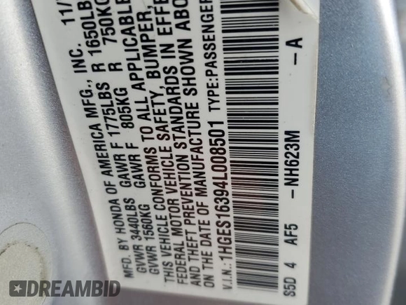 2004 Honda Civic VP with VIN 1HGES16394L008501, listed as a Copart auction lot 49694475 with Not Provided miles and Salvage Title. Bid and sale history available at DreamBid. Image 12.