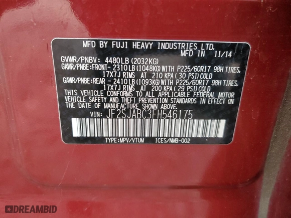 2015 Subaru Forester 2.5i with VIN JF2SJABC3FH546175, listed as a Copart auction lot 51759915 with 112,161 mi miles and Salvage Title. Bid and sale history available at carsss.com. Image 13.
