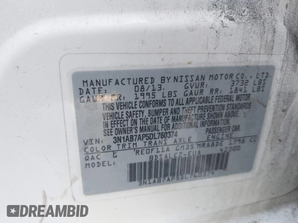 2013 Nissan Sentra FE+ S with VIN 3N1AB7AP5DL760374, listed as a IAAI auction lot 41602463 with 121,728 mi miles and . Bid and sale history available at DreamBid. Image 9.