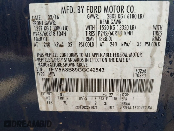2016 Ford Explorer with VIN 1FM5K8B89GGC42543, listed as a IAAI auction lot 41887455 with 150,829 mi miles and . Bid and sale history available at carsss.com. Image 9.