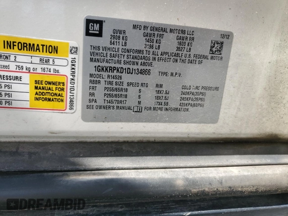 2013 GMC Acadia SLE with VIN 1GKKRPKD1DJ134866, listed as a Copart auction lot 47027825 with 206,820 mi miles and Salvage Title. Bid and sale history available at DreamBid. Image 13.