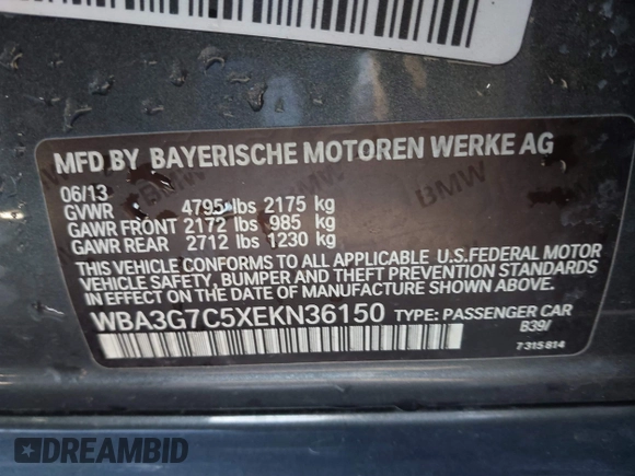 2014 BMW 3 Series 328i xDrive with VIN WBA3G7C5XEKN36150, listed as a IAAI auction lot 41585292 with 134,259 mi miles and . Bid and sale history available at carsss.com. Image 9.