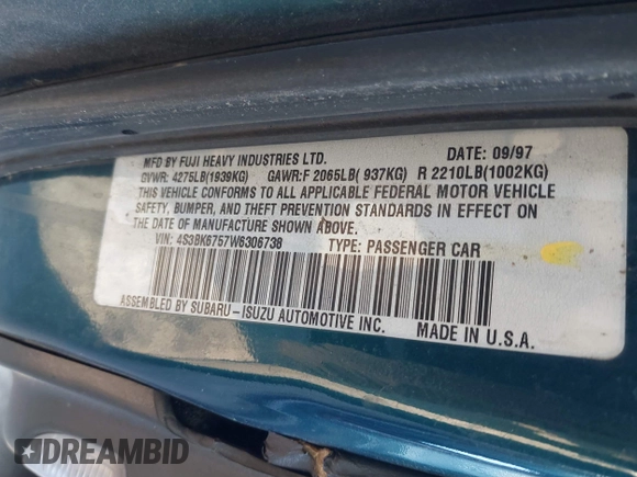 1998 Subaru Legacy GT with VIN 4S3BK6757W6306738, listed as a IAAI auction lot 41267382 with 291,068 mi miles and . Bid and sale history available at DreamBid. Image 9.