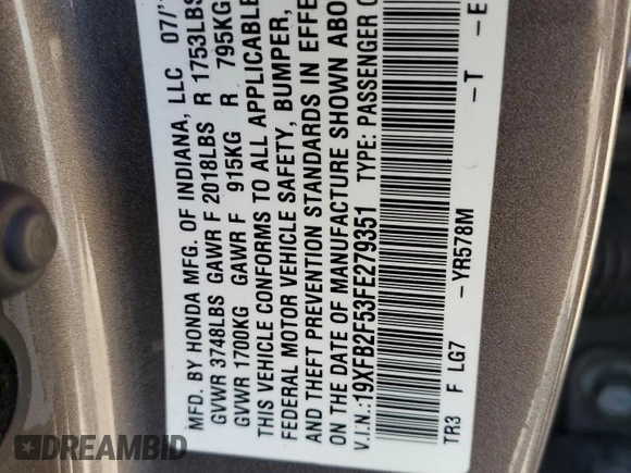 2015 Honda Civic LX z VIN 19XFB2F53FE279351, wystawiony jako Copart lot #52430175 z przebiegiem 101 370 mil mil oraz Szkoda całkowita • Salvage title. Historia ofert i sprzedaży dostępna na DreamBid. Obrazek 15.