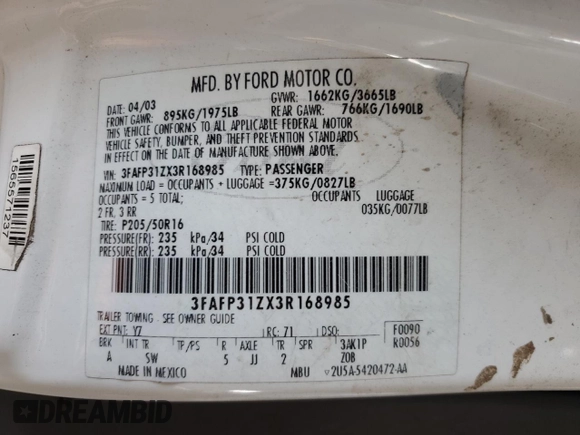 2003 Ford Focus ZX3 with VIN 3FAFP31ZX3R168985, listed as a Copart auction lot 45974015 with 181,312 mi miles and Salvage title. Bid and sale history available at DreamBid. Image 12.