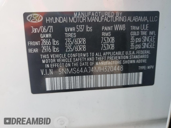 2021 Hyundai Santa Fe SEL z VIN 5NMS64AJ4MH320448, wystawiony jako Copart lot #57056795 z przebiegiem 30 767 mil mil oraz Nie do naprawy • Non repairable. Historia ofert i sprzedaży dostępna na DreamBid. Obrazek 13.