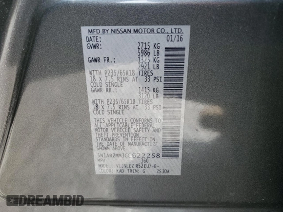 2016 Nissan Pathfinder SV с VIN 5N1AR2MM3GC622258, выставлен на аукционе Copart как лот 53567445 с пробегом 142 021 миль миль и Списание • Salvage title. История ставок и продаж доступна на DreamBid. Изображение 13.