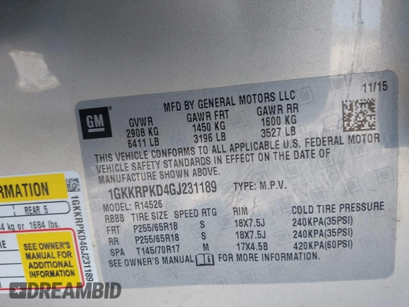 2016 GMC Acadia SLE with VIN 1GKKRPKD4GJ231189, listed as a IAAI auction lot 41299695 with 108,894 mi miles. Bid and sale history available at carsss.com. Image 9.