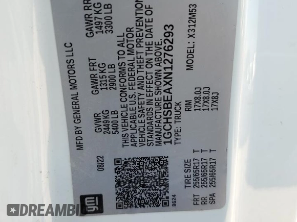 2022 Chevrolet Colorado 2WD Work Truck with VIN 1GCHSBEAXN1276293, listed as a Copart auction lot 61178405 with 57,480 mi miles and Salvage title. Bid and sale history available at DreamBid. Image 12.