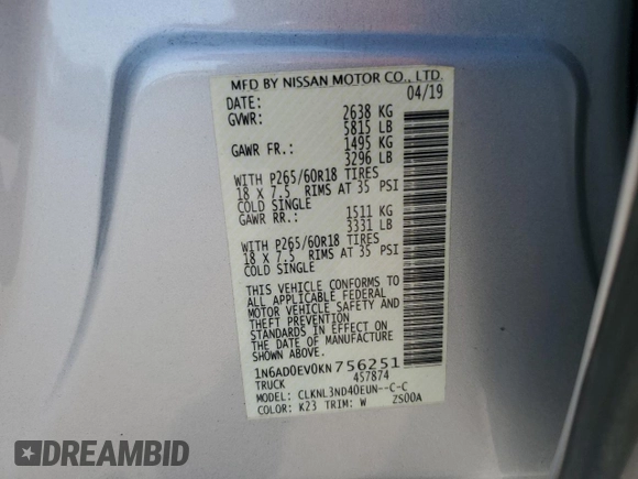 2019 Nissan Frontier SL with VIN 1N6AD0EV0KN756251, listed as a Copart auction lot 56672955 with 118,764 mi miles and Salvage title. Bid and sale history available at DreamBid. Image 13.