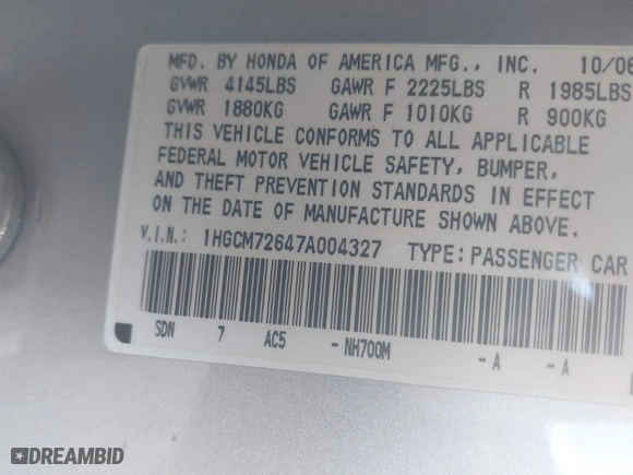 2007 Honda Accord Cpe EX-L with VIN 1HGCM72647A004327, listed as a IAAI auction lot 41715761 with 90,842 mi miles. Bid and sale history available at carsss.com. Image 9.