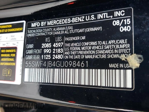 2016 Mercedes-Benz C 300 with VIN 55SWF4JB4GU098461, listed as a Copart auction lot 62498395 with 86,167 mi miles and Clean title. Bid and sale history available at DreamBid. Image 12.