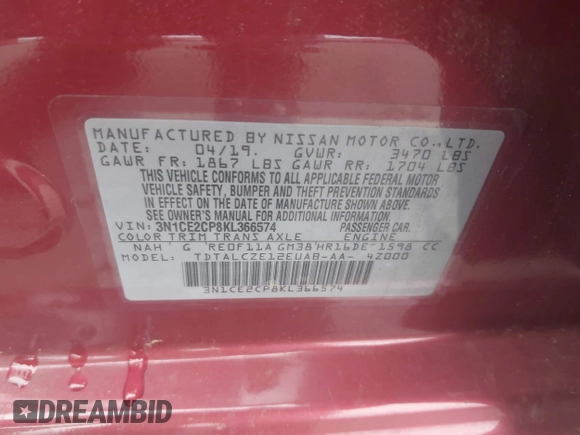 2019 Nissan Note SV with VIN 3N1CE2CP8KL366574, listed as a IAAI auction lot 42434126 with 112,087 mi miles and . Bid and sale history available at DreamBid. Image 9.