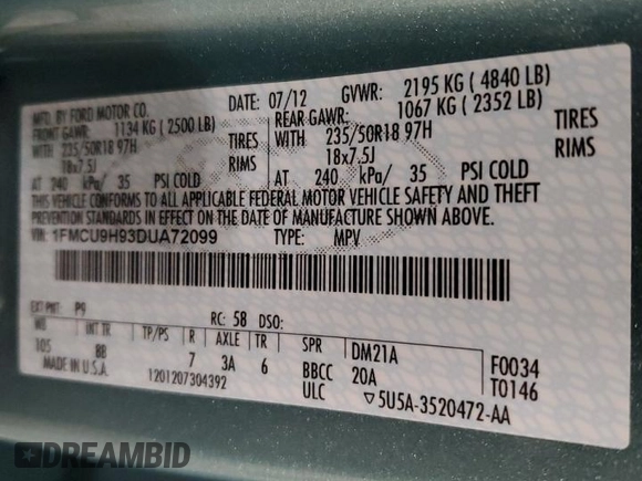 2013 Ford Escape SEL with VIN 1FMCU9H93DUA72099, listed as a Copart auction lot 58691955 with 30,449 mi miles and Salvage title. Bid and sale history available at DreamBid. Image 13.