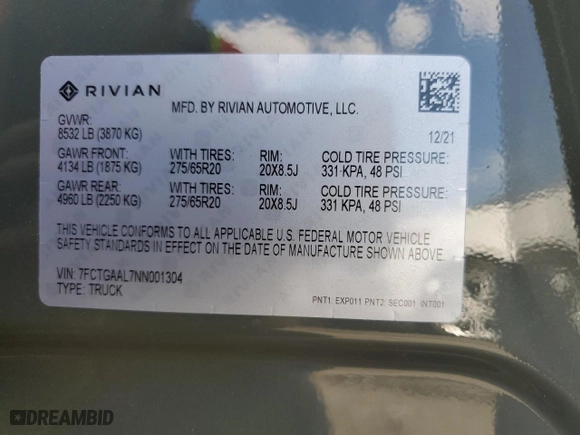 2022 Rivian R1T Launch Edition with VIN 7FCTGAAL7NN001304, listed as a Copart auction lot 78139354 with 0 mi miles and Salvage Title. Bid and sale history available at carsss.com. Image 12.