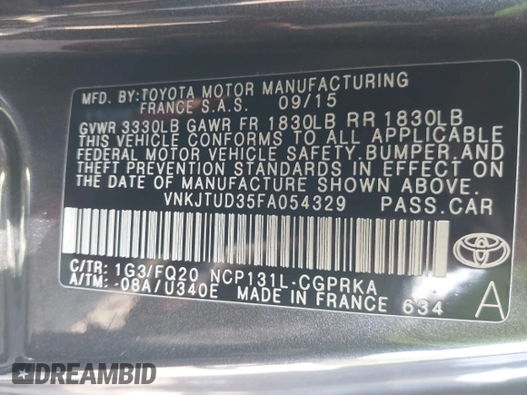 2015 Toyota Yaris L with VIN VNKJTUD35FA054329, listed as a IAAI auction lot 42289132 with 122,257 mi miles and . Bid and sale history available at DreamBid. Image 9.