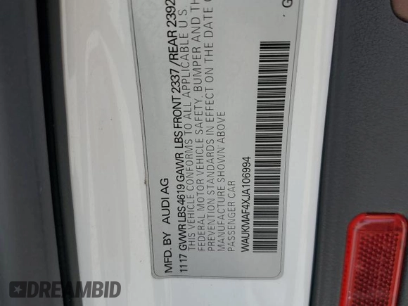 2018 Audi A4 Premium с VIN WAUKMAF4XJA106994, выставлен на аукционе Copart как лот 59040295 с пробегом 66 174 миль миль и Списание • Salvage title. История ставок и продаж доступна на DreamBid. Изображение 12.