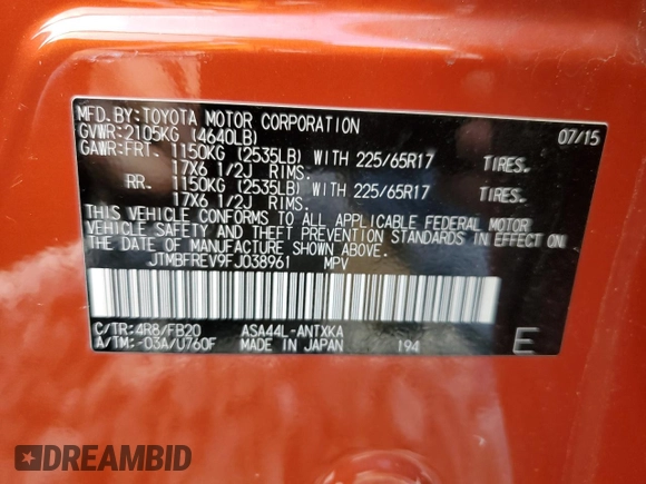 2015 Toyota RAV4 LE with VIN JTMBFREV9FJ038961, listed as a Copart auction lot 52725635 with 53,355 mi miles and Clean Title. Bid and sale history available at DreamBid. Image 13.
