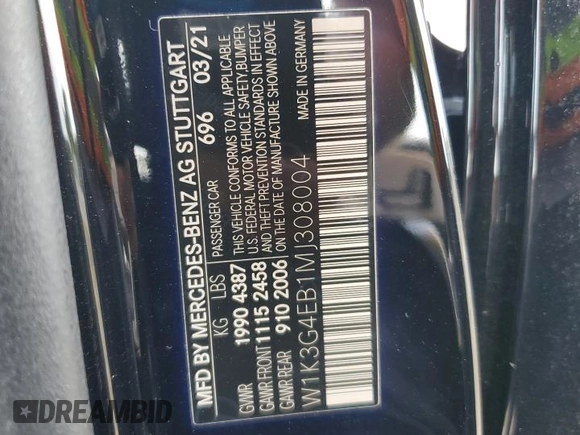 2021 Mercedes-Benz A 220 with VIN W1K3G4EB1MJ308004, listed as a Copart auction lot 59937905 with 43,733 mi miles and Salvage title. Bid and sale history available at DreamBid. Image 12.