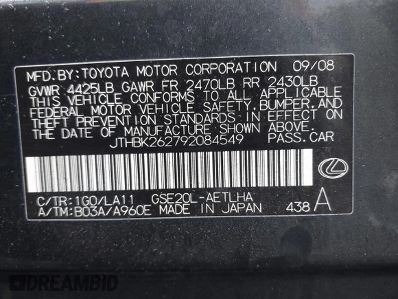 2009 Lexus IS 250 with VIN JTHBK262792084549, listed as a IAAI auction lot 41835760 with 151,234 mi miles and . Bid and sale history available at DreamBid. Image 9.