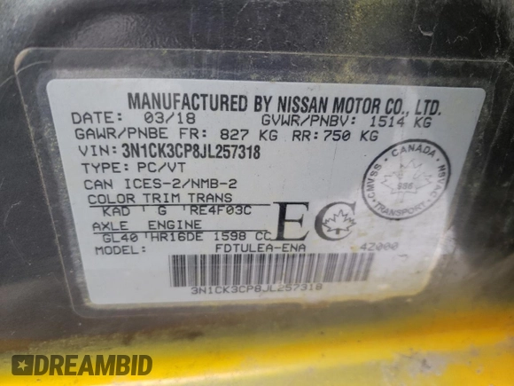 2018 Nissan Micra S z VIN 3N1CK3CP8JL257318, wystawiony jako Copart lot #81937884 z przebiegiem 87 948 mil mil oraz Szkody całkowita. Historia ofert i sprzedaży dostępna na DreamBid. Obrazek 13.