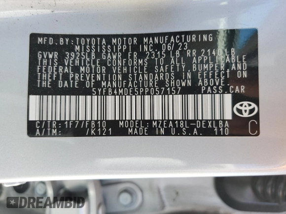 2023 Toyota Corolla LE with VIN 5YFB4MDE5PP057157, listed as a Copart auction lot 49301105 with 10,004 mi miles and Salvage Title. Bid and sale history available at carsss.com. Image 14.
