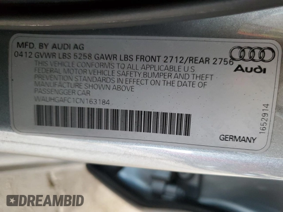 2012 Audi A6 Prestige with VIN WAUHGAFC1CN163184, listed as a Copart auction lot 59620405 with 90,420 mi miles and Salvage title. Bid and sale history available at DreamBid. Image 13.