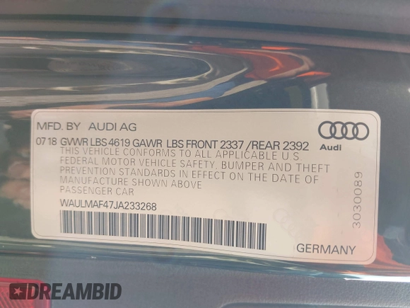 2018 Audi A4 Premium Plus z VIN WAULMAF47JA233268, wystawiony jako IAAI lot #42111509 z przebiegiem 54 352 mil mil oraz . Historia ofert i sprzedaży dostępna na DreamBid. Obrazek 9.