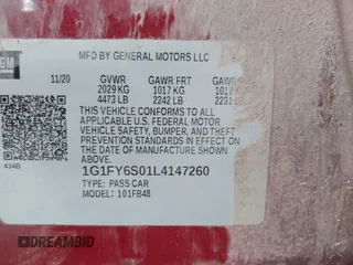 2020 Chevrolet Bolt EV LT with VIN 1G1FY6S01L4147260, listed as a IAAI auction lot 42170248 with 30,208 mi miles and . Bid and sale history available at DreamBid. Image 9.