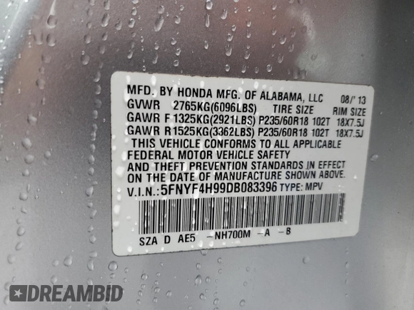 2013 Honda Pilot Touring z VIN 5FNYF4H99DB083396, wystawiony jako Copart lot #58728975 z przebiegiem Nie podano mil oraz Czysty tytuł • Clean title. Historia ofert i sprzedaży dostępna na DreamBid. Obrazek 14.