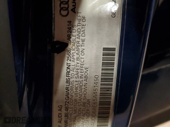 2005 Audi A4 3.2L with VIN WAUDG68E65A451450, listed as a Copart auction lot 88317535 with 172,772 mi miles and Salvage Title. Bid and sale history available at carsss.com. Image 12.