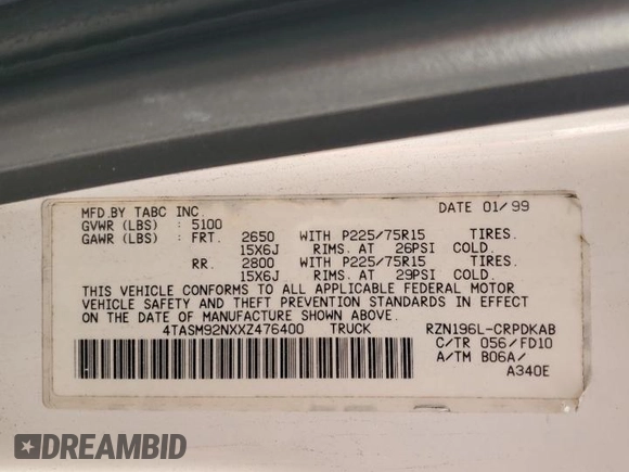 1999 Toyota Tacoma PreRunner with VIN 4TASM92NXXZ476400, listed as a Copart auction lot 81001204 with 280,797 mi miles and Salvage title. Bid and sale history available at DreamBid. Image 12.