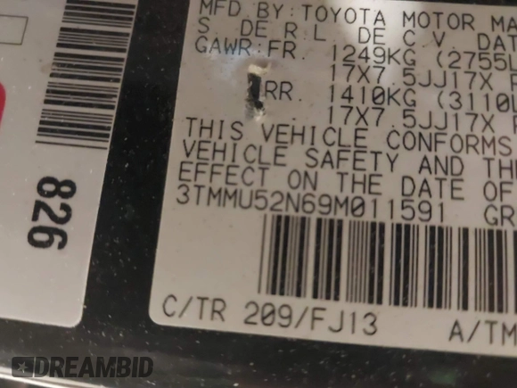 2009 Toyota Tacoma with VIN 3TMMU52N69M011591, listed as a IAAI auction lot 41941044 with 220,925 mi miles and . Bid and sale history available at DreamBid. Image 9.