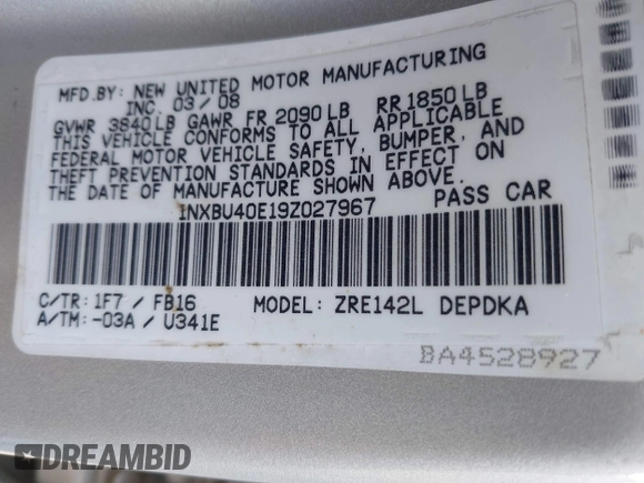 2009 Toyota Corolla with VIN 1NXBU40E19Z027967, listed as a IAAI auction lot 41922518 with 117,115 mi miles. Bid and sale history available at carsss.com. Image 9.