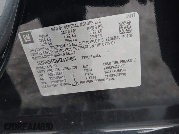 2017 Chevrolet Silverado 1500 Work Truck with VIN 1GCVKNEC8HZ315460, listed as a IAAI auction lot 41319567 with 87,173 mi miles. Bid and sale history available at carsss.com. Image 9.