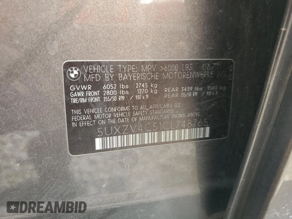 2012 BMW X5 35i with VIN 5UXZV4C51CL748765, listed as a Copart auction lot 62339905 with Not provided miles and Clean title. Bid and sale history available at DreamBid. Image 13.