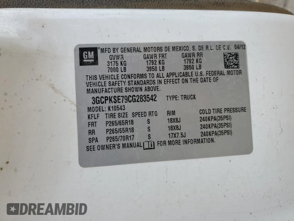 2012 Chevrolet Silverado 1500 LT with VIN 3GCPKSE79CG283542, listed as a Copart auction lot 47101435 with Not Provided miles and Salvage Title. Bid and sale history available at DreamBid. Image 12.