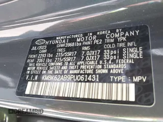 2023 Hyundai Kona SEL with VIN KM8K62AB9PU061431, listed as a IAAI auction lot 41890284 with 3,377 mi miles and . Bid and sale history available at carsss.com. Image 9.