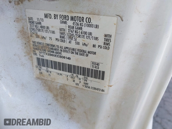 2014 Ford F-250 XL with VIN 1FT7X2B60EEB08149, listed as a IAAI auction lot 37607954 with Not provided miles and . Bid and sale history available at DreamBid. Image 9.