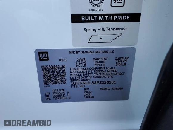 2023 GMC Acadia SLT with VIN 1GKKNULS8PZ226361, listed as a Copart auction lot 42429345 with 22,000 mi miles and Salvage Title. Bid and sale history available at DreamBid. Image 14.